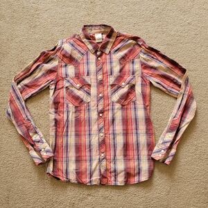 True Religion Mens Long Sleeve Button up Western Shirt Large Red-Blue Plaid Rare